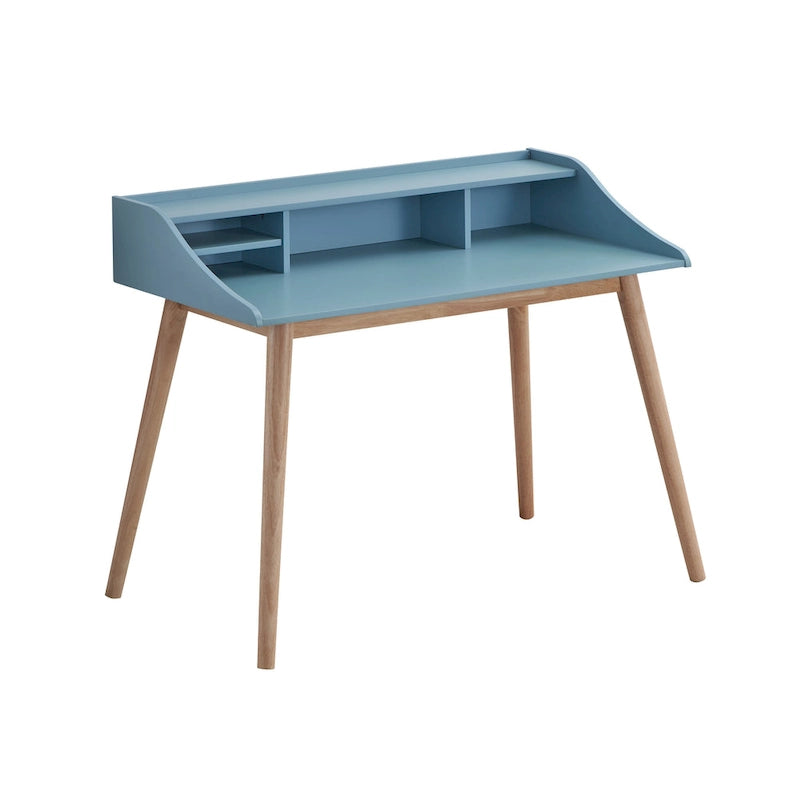 Mid Century ern Writing Computer Desk with Hutch Shelves and 4 Wood Legs for Small Home Office or Study Room