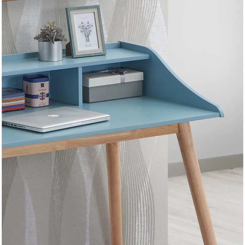 Mid Century ern Writing Computer Desk with Hutch Shelves and 4 Wood Legs for Small Home Office or Study Room