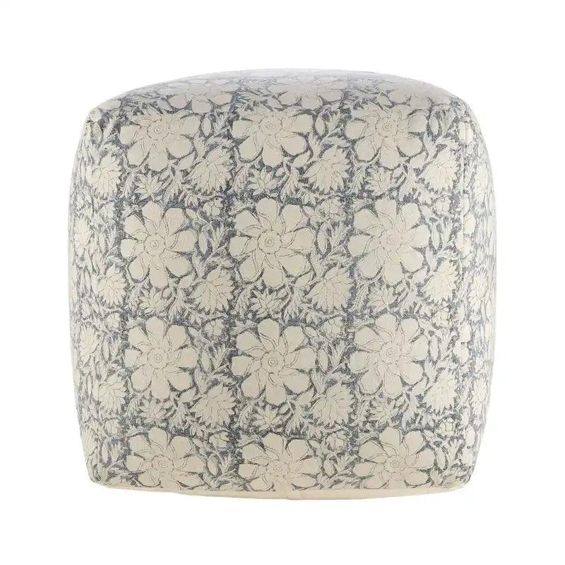 20 Navy Blue and White Floral Handmade Square Pouf Ottoman