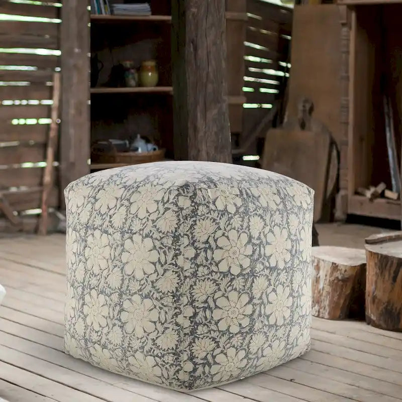 20 Navy Blue and White Floral Handmade Square Pouf Ottoman