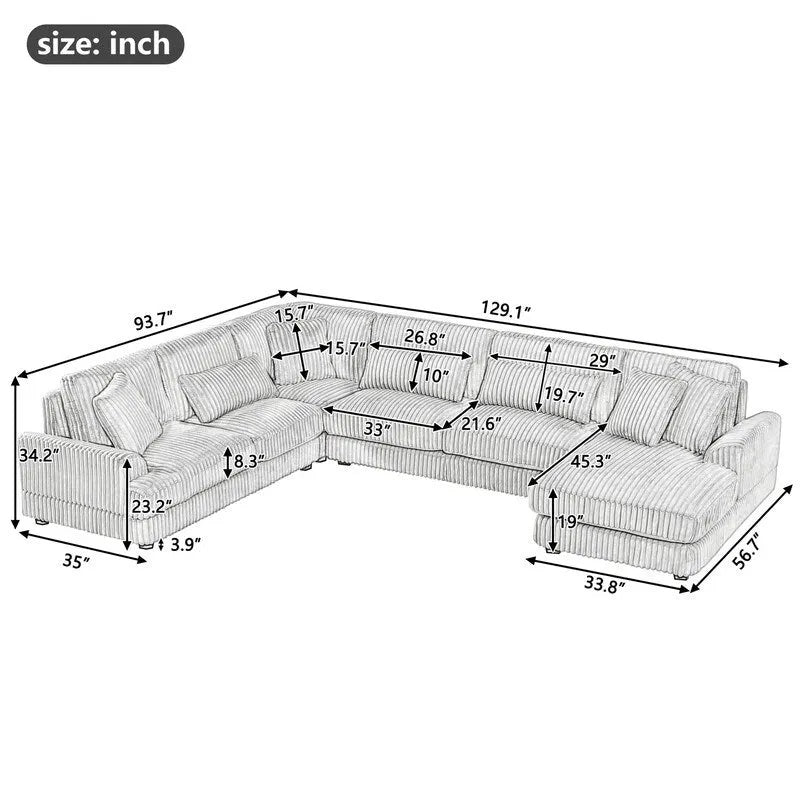 Oversized U-shaped Sectional Sofa with Chaise Lounge, 129 ern Upholstered Sofa Couch, Corduroy Couch Set for Living Room
