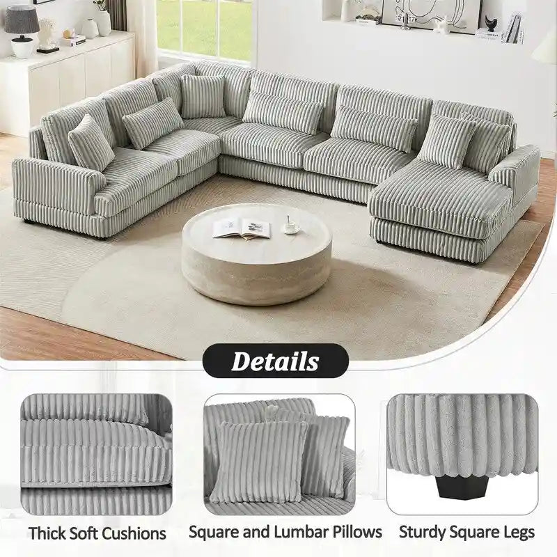 Oversized U-shaped Sectional Sofa with Chaise Lounge, 129 ern Upholstered Sofa Couch, Corduroy Couch Set for Living Room