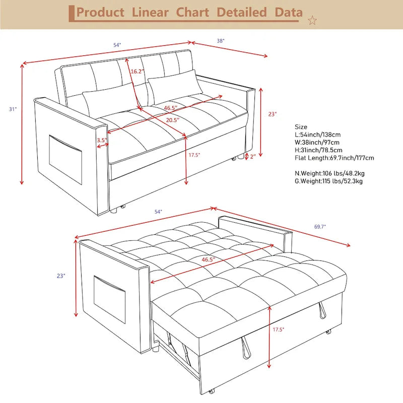 Convertible Futon Sofa Bed,Adjustable Backrest,Armrest Holders