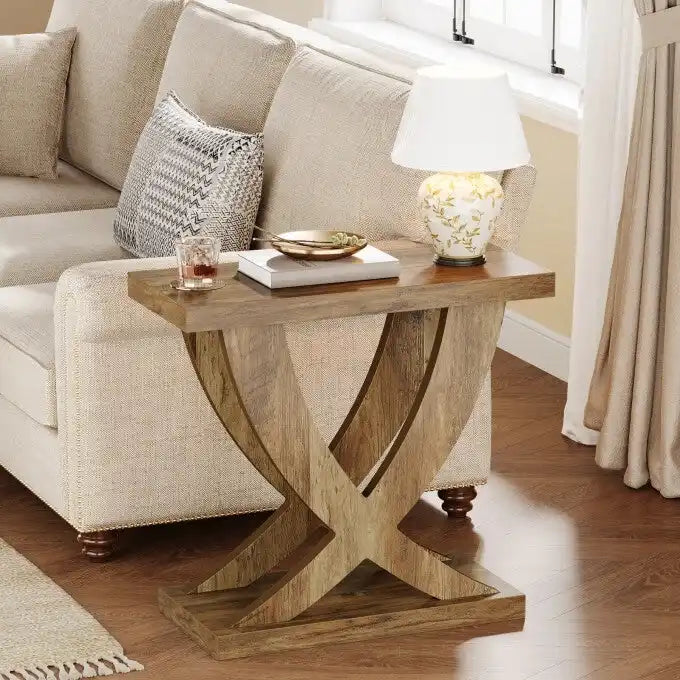 Farmhouse End Table, Narrow Side Table with Fishtail Support Design for Living Room, Study, Brown