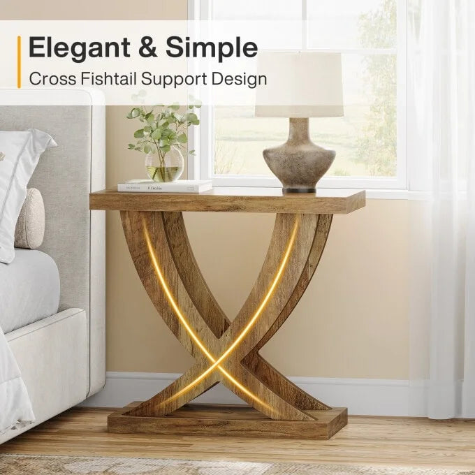 Farmhouse End Table, Narrow Side Table with Fishtail Support Design for Living Room, Study, Brown