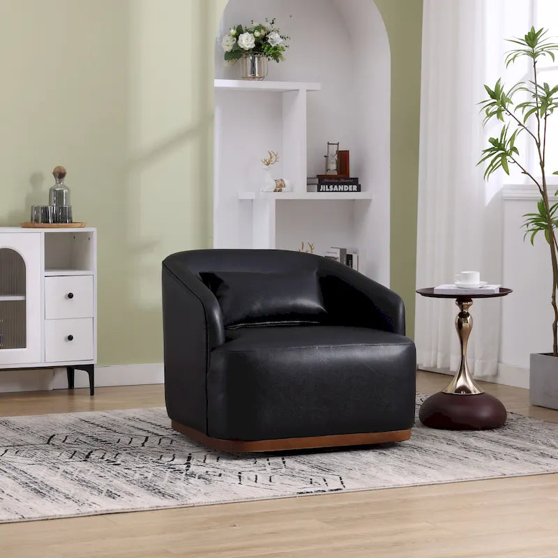 Black PU ern 31.5 Upholstered 360 Swivel Barrel Chair with Metal Base for Living Room