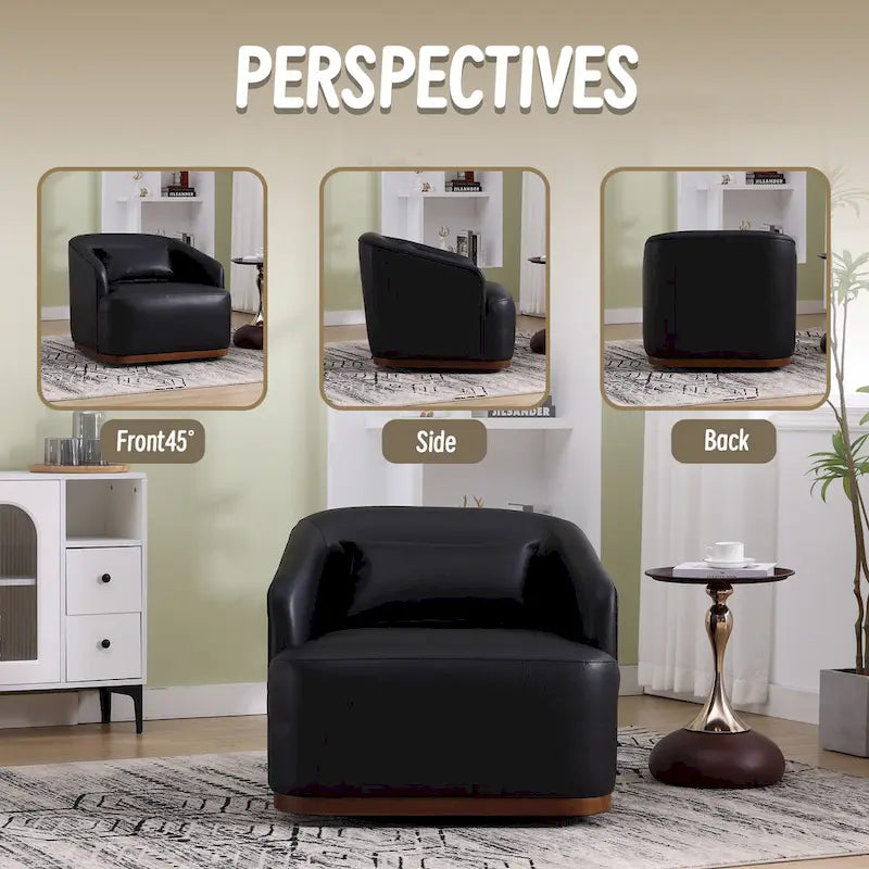 Black PU ern 31.5 Upholstered 360 Swivel Barrel Chair with Metal Base for Living Room