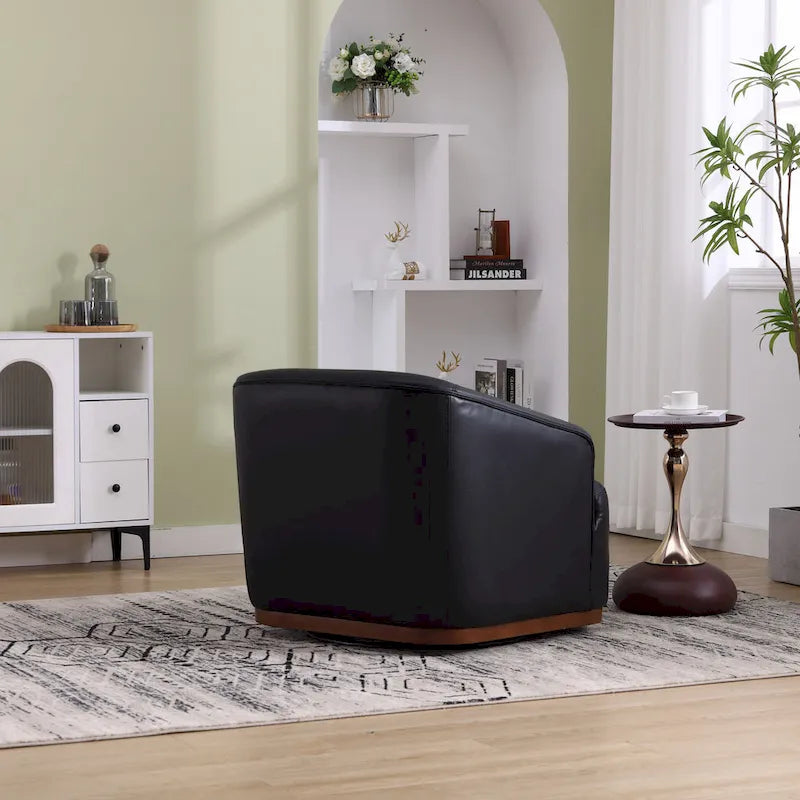 Black PU ern 31.5 Upholstered 360 Swivel Barrel Chair with Metal Base for Living Room