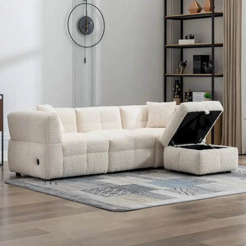 87.7 Fabric 4 Seater Sectional Sofa with Movable Ottoman, 2 USB Ports, and 2 Lumbar Pillows, Ideal for Living Room
