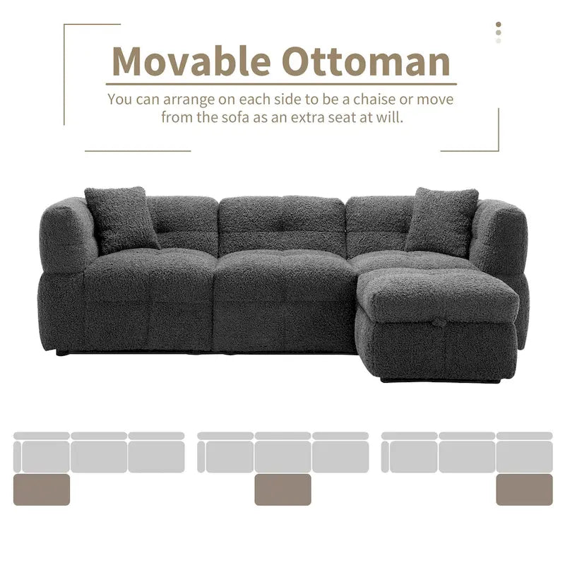 87.7 Fabric 4 Seater Sectional Sofa with Movable Ottoman, 2 USB Ports, and 2 Lumbar Pillows, Ideal for Living Room