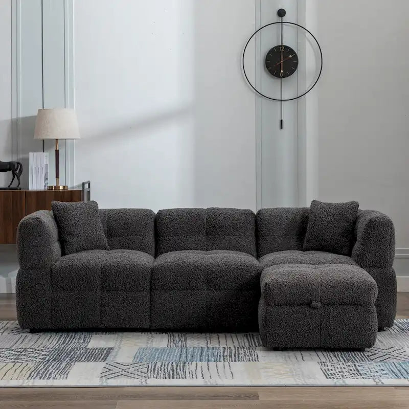 87.7 Fabric 4 Seater Sectional Sofa with Movable Ottoman, 2 USB Ports, and 2 Lumbar Pillows, Ideal for Living Room
