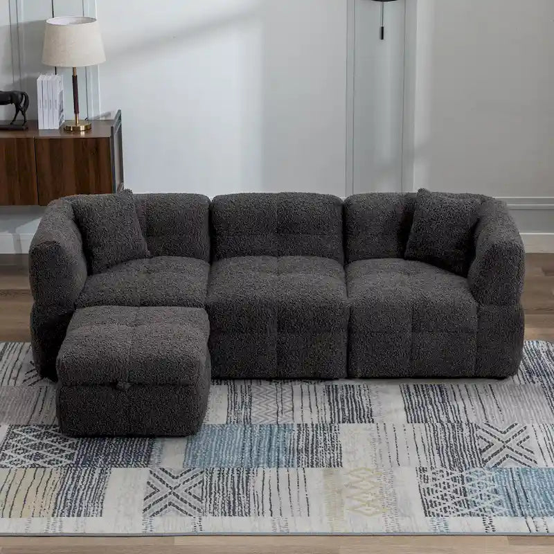 87.7 Fabric 4 Seater Sectional Sofa with Movable Ottoman, 2 USB Ports, and 2 Lumbar Pillows, Ideal for Living Room