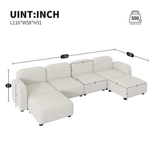 116 ular U-Shaped Velvet 6-Seat Sectional Sofa with Two Ottomans, Reversible Design for Customizable Living Space