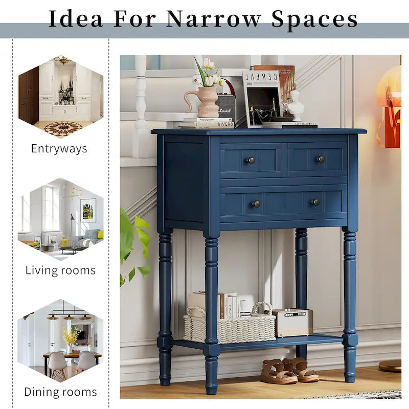 23.7 Classic Console Table with Three Storage Drawers and Bottom Shelf
