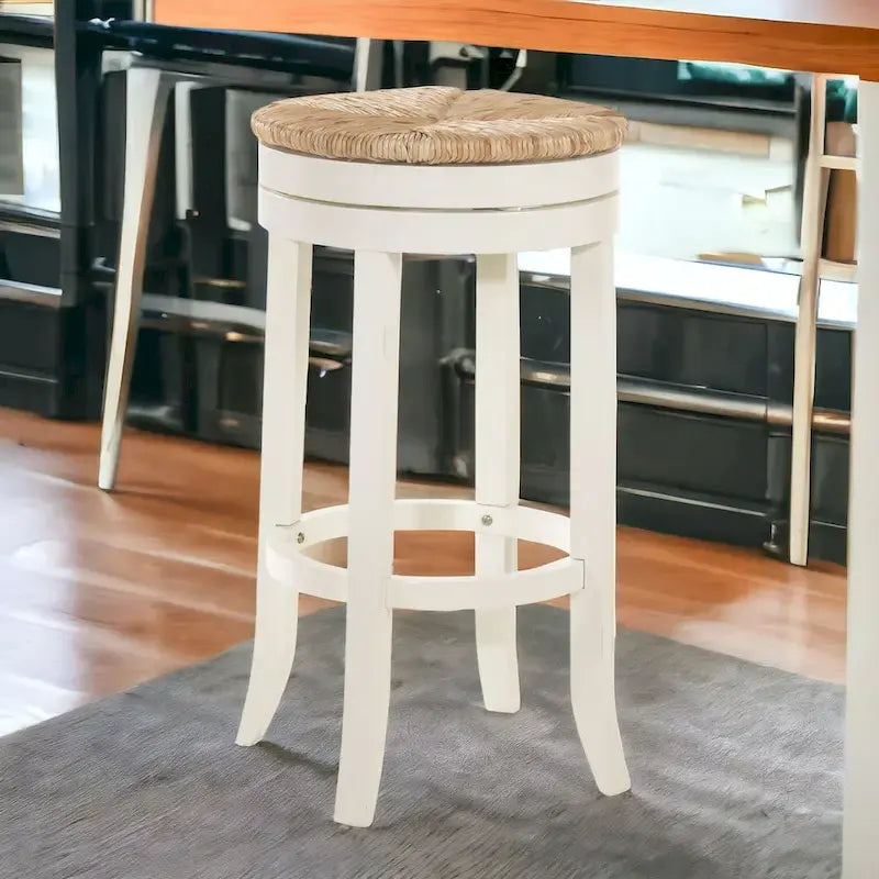 30 Natural And Antiqued White Solid Wood Swivel Backless Bar Height Bar Chair With Footrest - 19.5