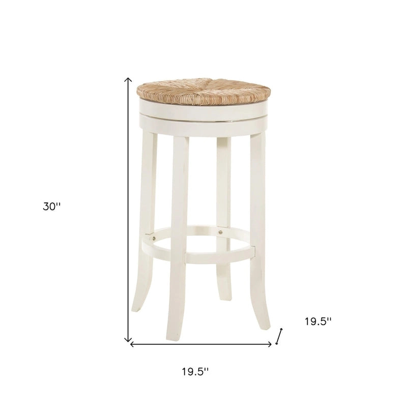 30 Natural And Antiqued White Solid Wood Swivel Backless Bar Height Bar Chair With Footrest - 19.5