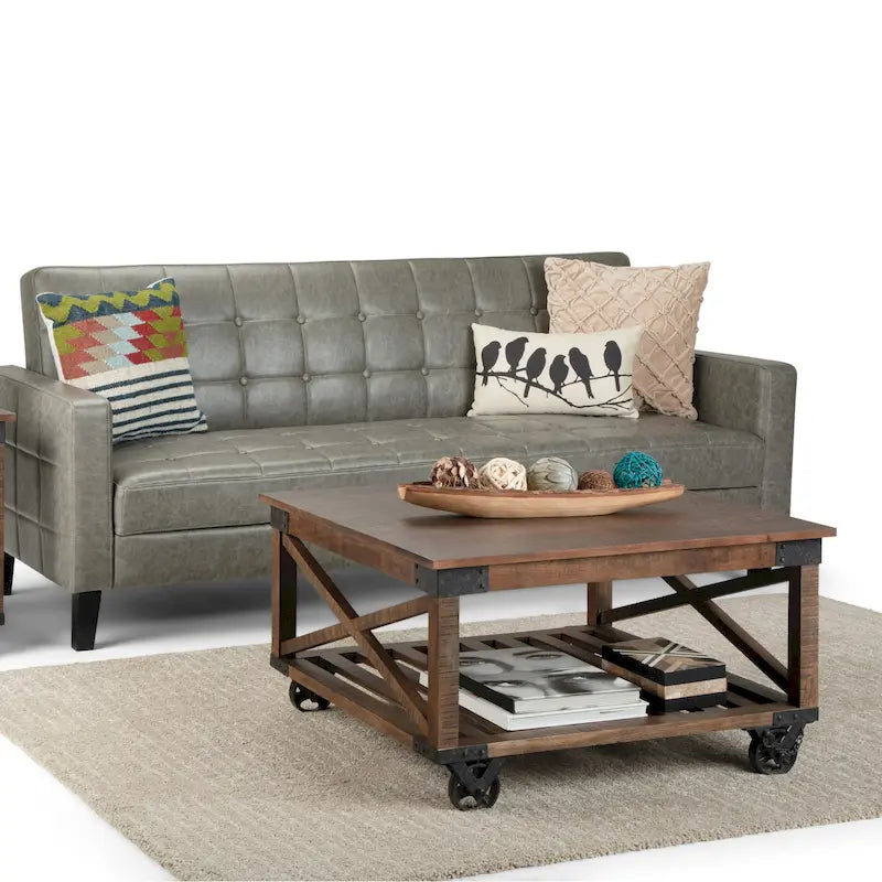 SOLID MANGO WOOD and Metal 32 inch Wide Square Industrial Coffee Table in Distressed Dark Brown - 32 x 32 x 18