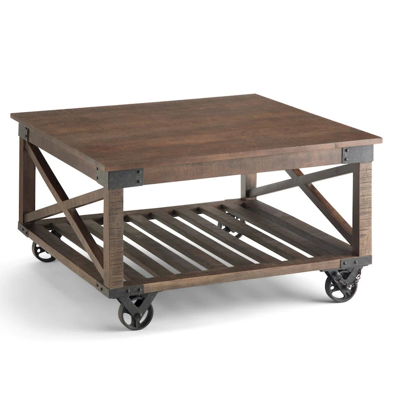 SOLID MANGO WOOD and Metal 32 inch Wide Square Industrial Coffee Table in Distressed Dark Brown - 32 x 32 x 18