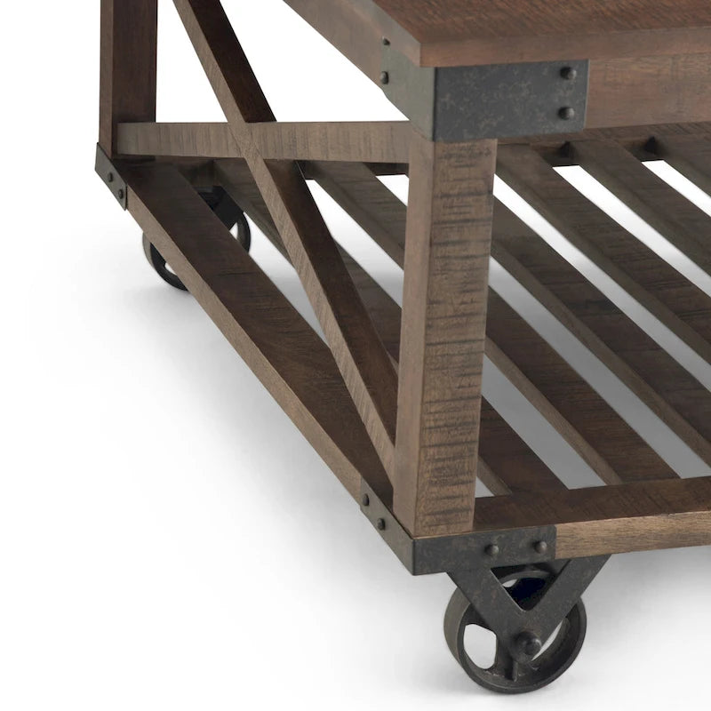 SOLID MANGO WOOD and Metal 32 inch Wide Square Industrial Coffee Table in Distressed Dark Brown - 32 x 32 x 18