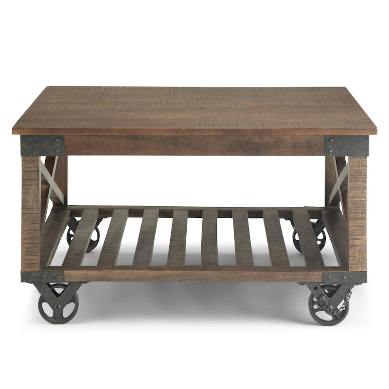 SOLID MANGO WOOD and Metal 32 inch Wide Square Industrial Coffee Table in Distressed Dark Brown - 32 x 32 x 18