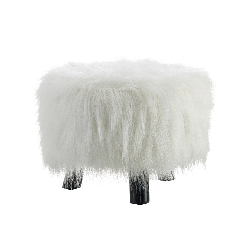 White long-haired faux fur footstool