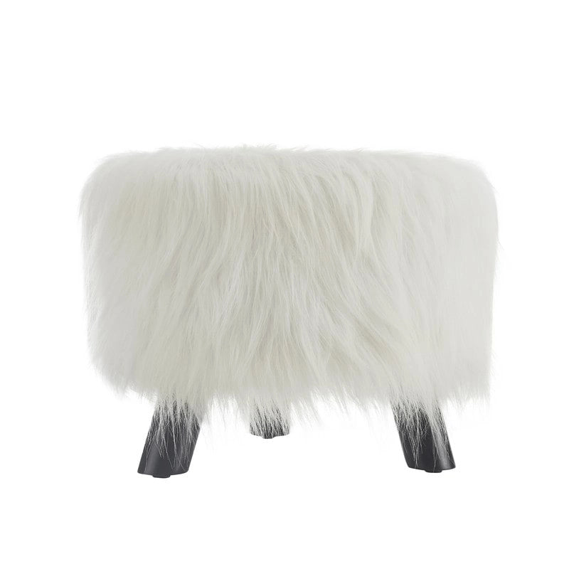 White long-haired faux fur footstool