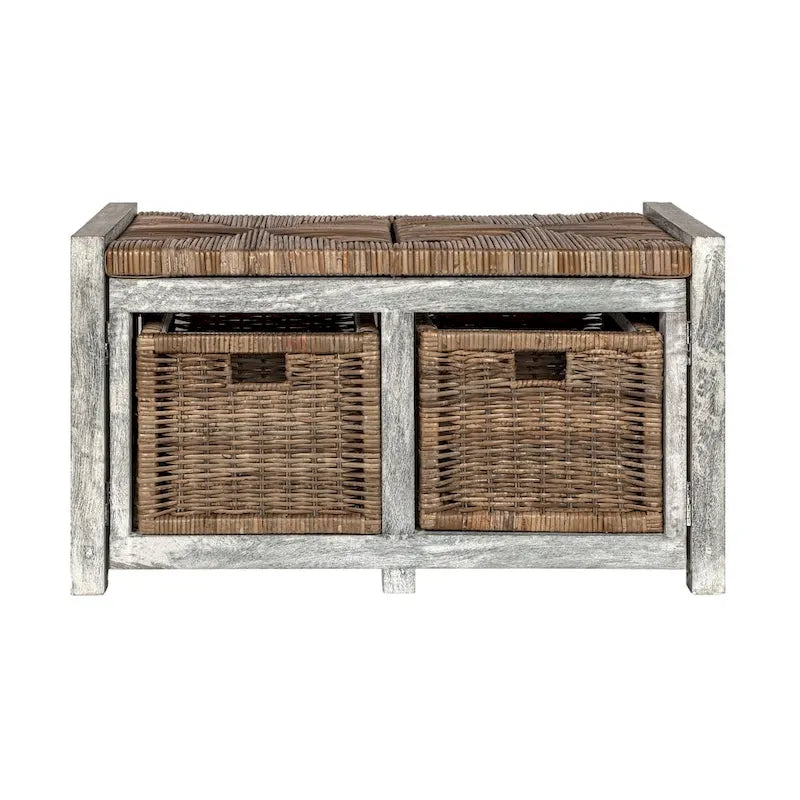 Rustic 30 2 Drawer Wicker Storage Bench, Gray