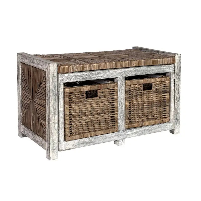 Rustic 30 2 Drawer Wicker Storage Bench, Gray