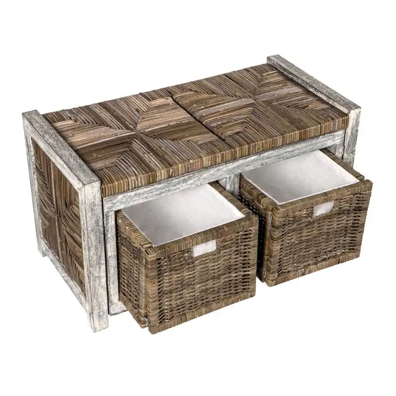 Rustic 30 2 Drawer Wicker Storage Bench, Gray