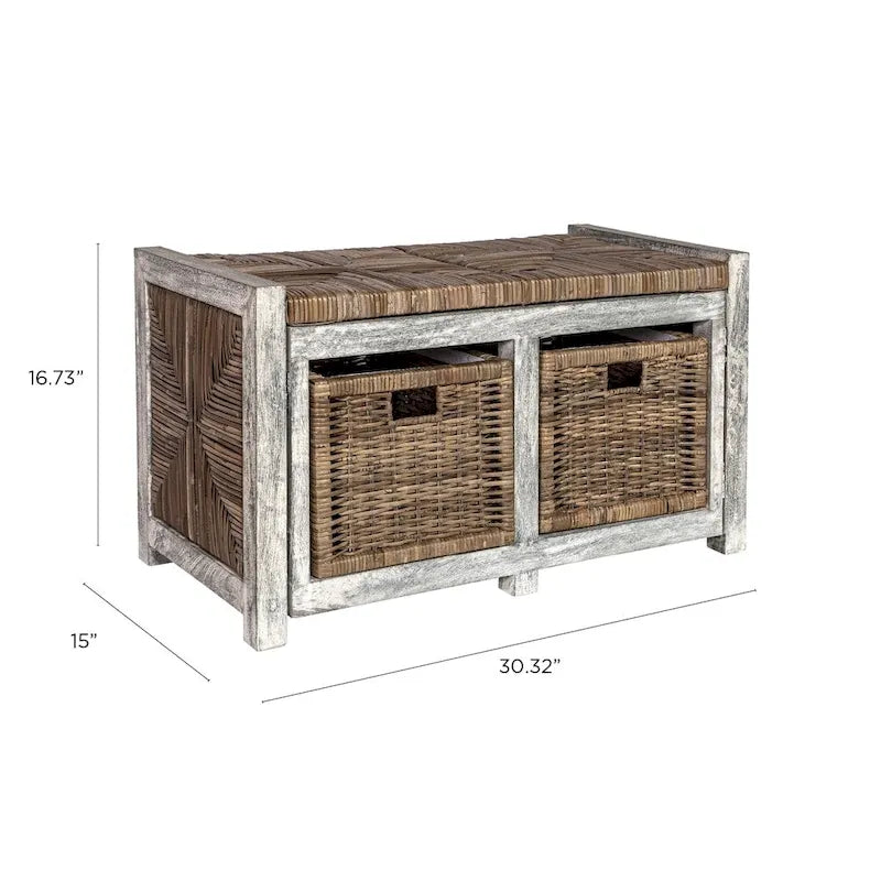 Rustic 30 2 Drawer Wicker Storage Bench, Gray