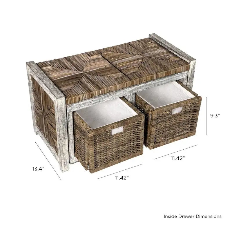 Rustic 30 2 Drawer Wicker Storage Bench, Gray