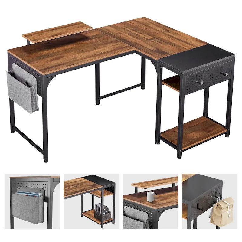 60 L-shaped Computer Desk Home Office Study Writing Desk with Monitor Stand and Storage Shelf