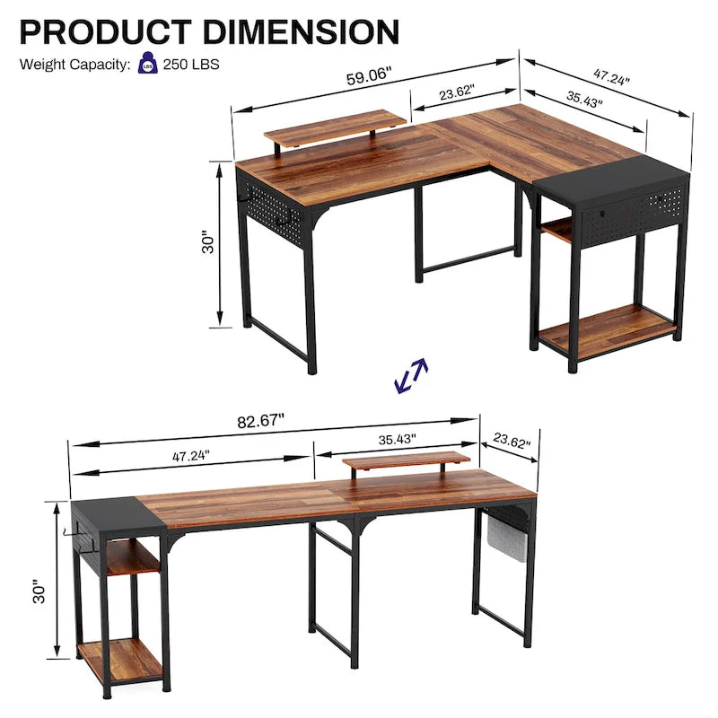 60 L-shaped Computer Desk Home Office Study Writing Desk with Monitor Stand and Storage Shelf