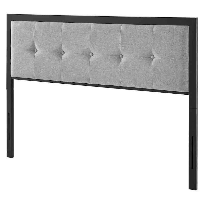 Light gray fabric button tufted soft cushion extra large metal headboard