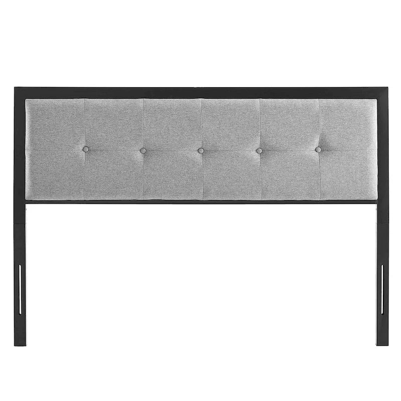 Light gray fabric button tufted soft cushion extra large metal headboard