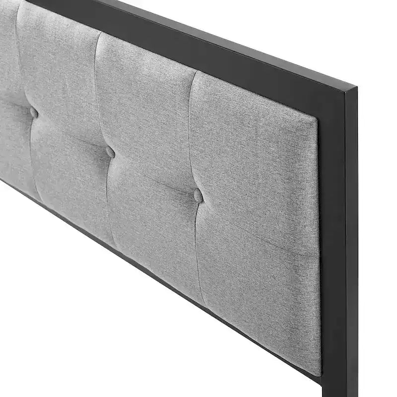 Light gray fabric button tufted soft cushion extra large metal headboard