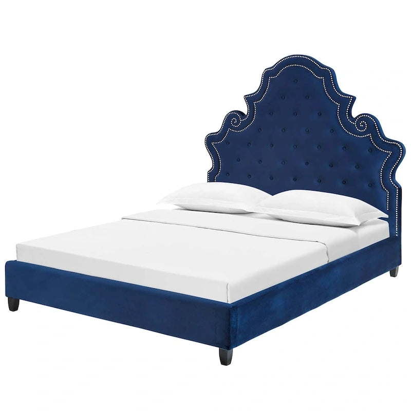 Button Tufted Blue Velvet Upholstered Queen Size Platform Bed with Nailhead Trim