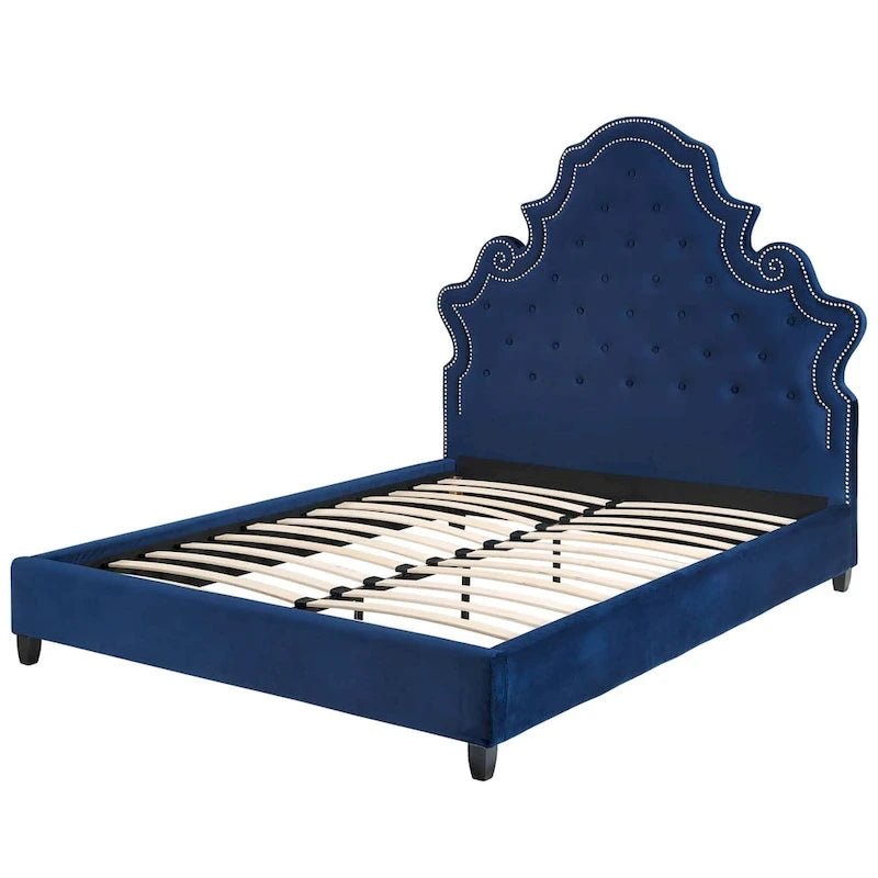 Button Tufted Blue Velvet Upholstered Queen Size Platform Bed with Nailhead Trim