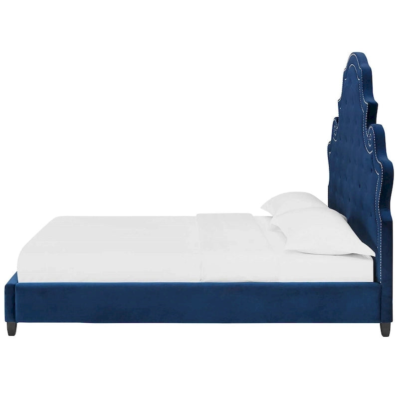 Button Tufted Blue Velvet Upholstered Queen Size Platform Bed with Nailhead Trim