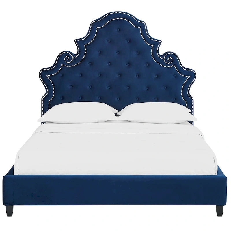 Button Tufted Blue Velvet Upholstered Queen Size Platform Bed with Nailhead Trim