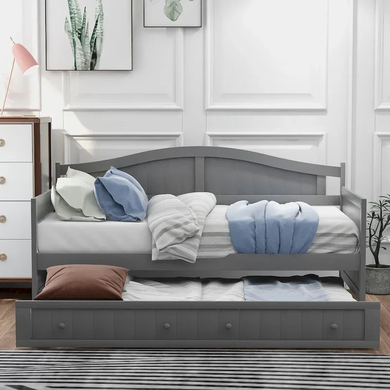 Twin Size Wooden Daybed with Trundle Bed