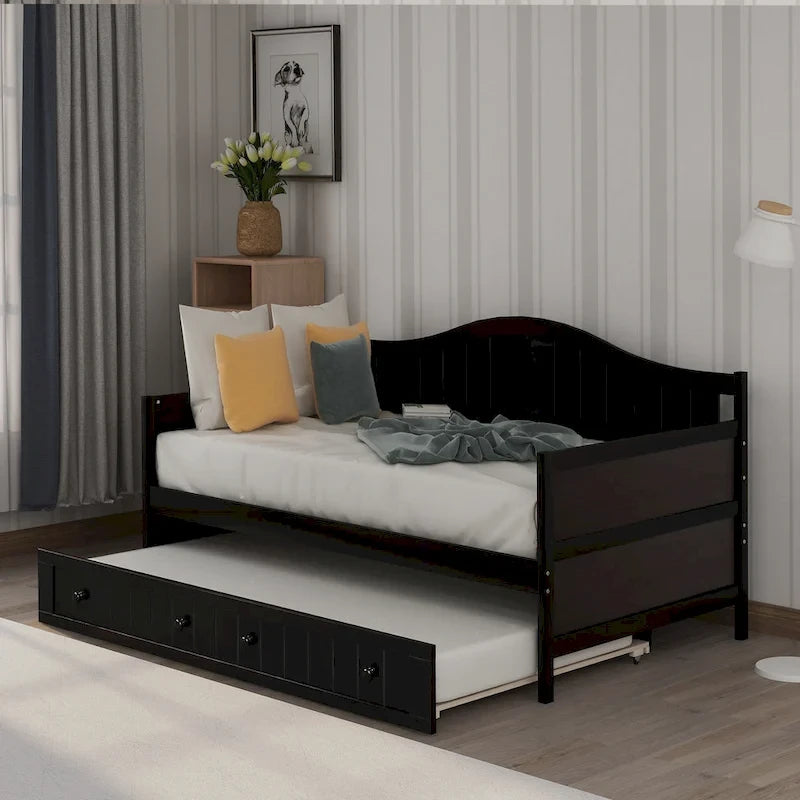 Twin Size Wooden Daybed with Trundle Bed