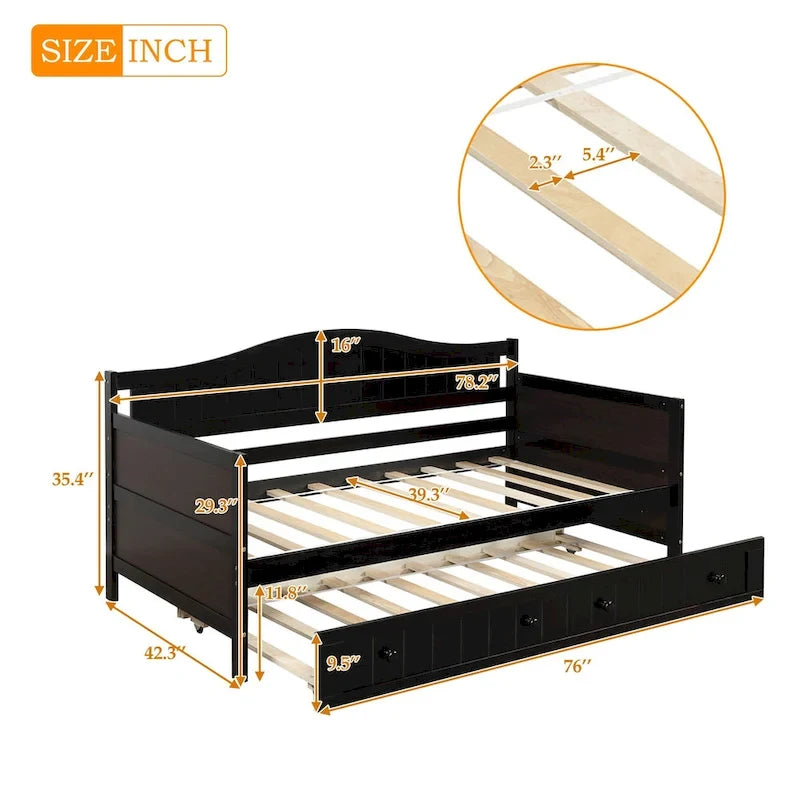 Twin Size Wooden Daybed with Trundle Bed