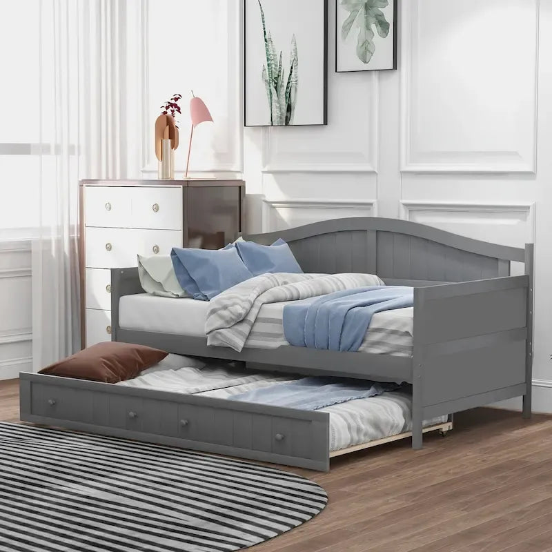 Twin Size Wooden Daybed with Trundle Bed