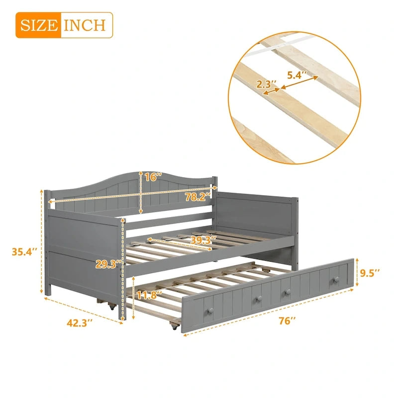 Twin Size Wooden Daybed with Trundle Bed