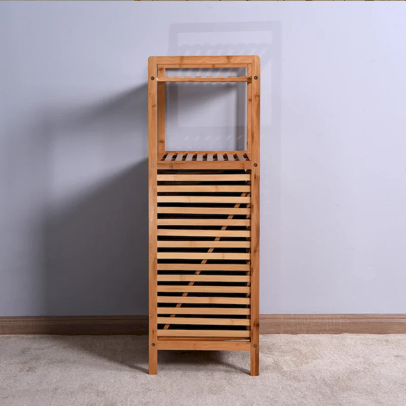 Brown Bamboo Bathroom Laundry Storage Floor Cabinet with 2-tier Shelf - 17.32 x 13 x 37.8 inch