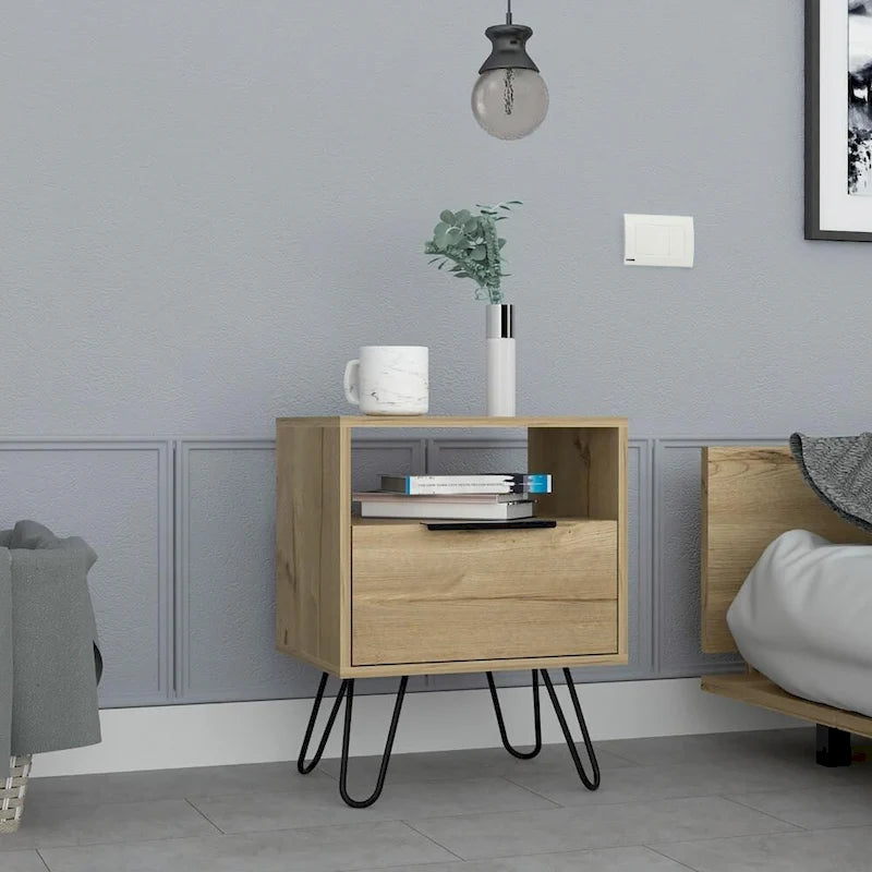 Nightstand 22H, One Open Shelf, Single Door Cabient, Hairpin Legs, Black