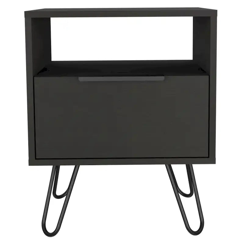 Nightstand 22H, One Open Shelf, Single Door Cabient, Hairpin Legs, Black