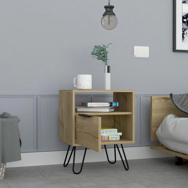 Nightstand 22H, One Open Shelf, Single Door Cabient, Hairpin Legs, Black