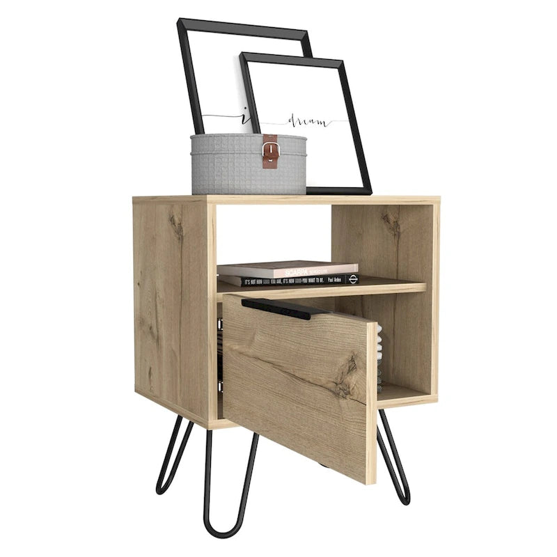 Nightstand 22H, One Open Shelf, Single Door Cabient, Hairpin Legs, Black